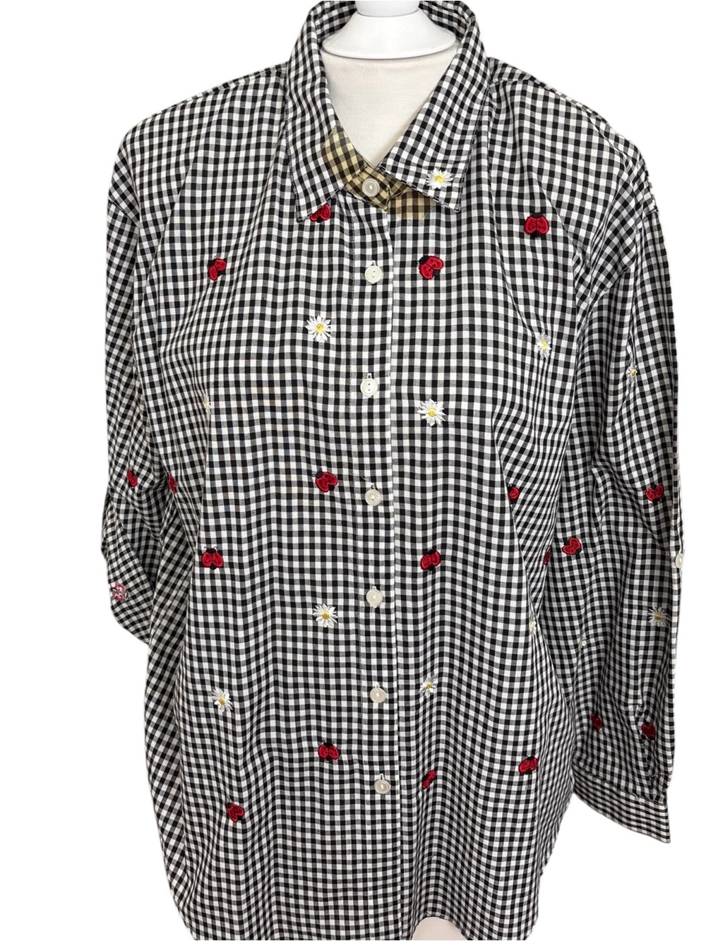 Vtg Teddi Sz XL Black White Cotton Embroidered Ladybugs Country Tunic Shirt Top - Picture 1 of 5